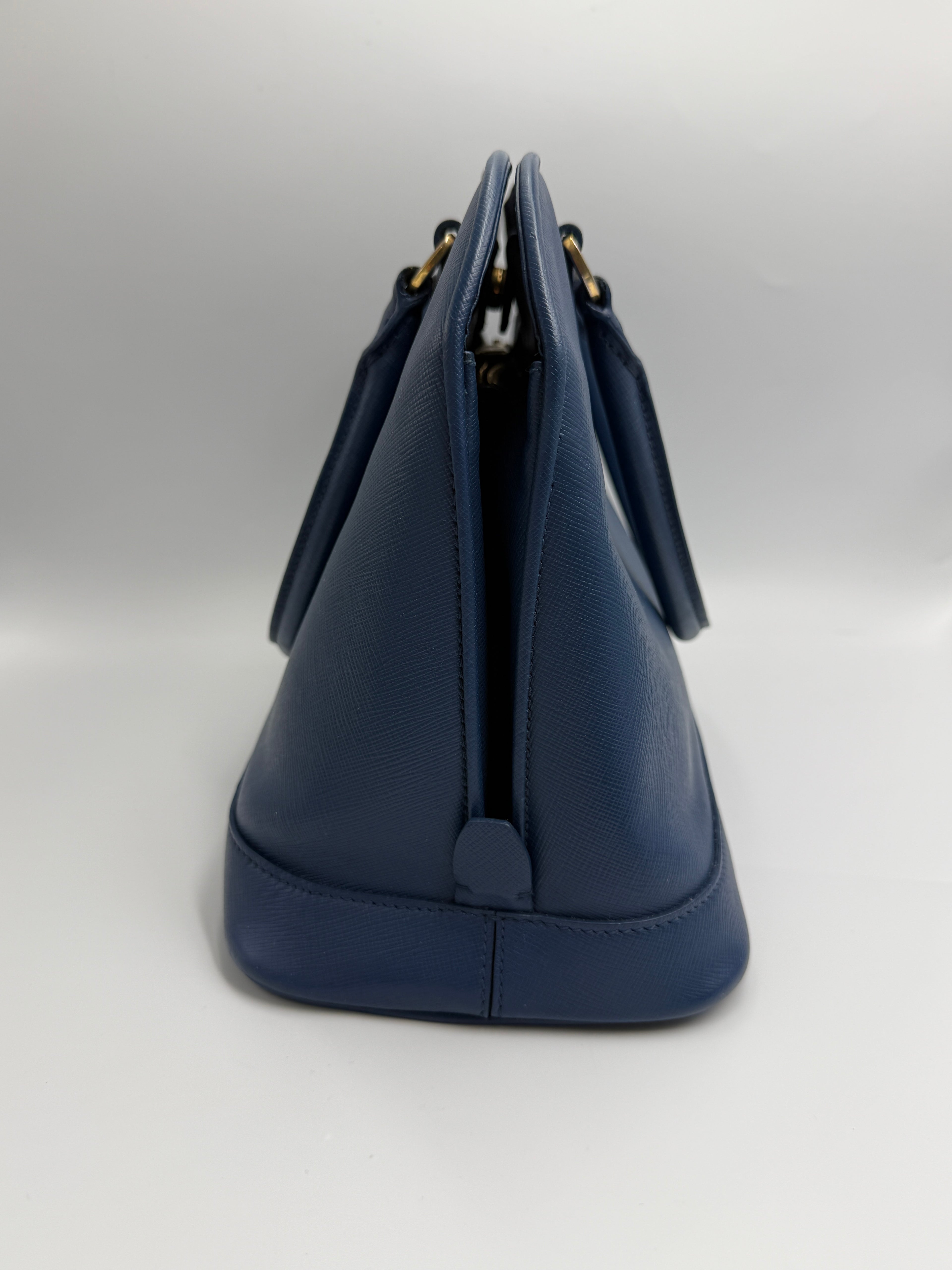 Prada Saffiano Lux Medium Promenade Dome Satchel (Baltico / Dark Navy)