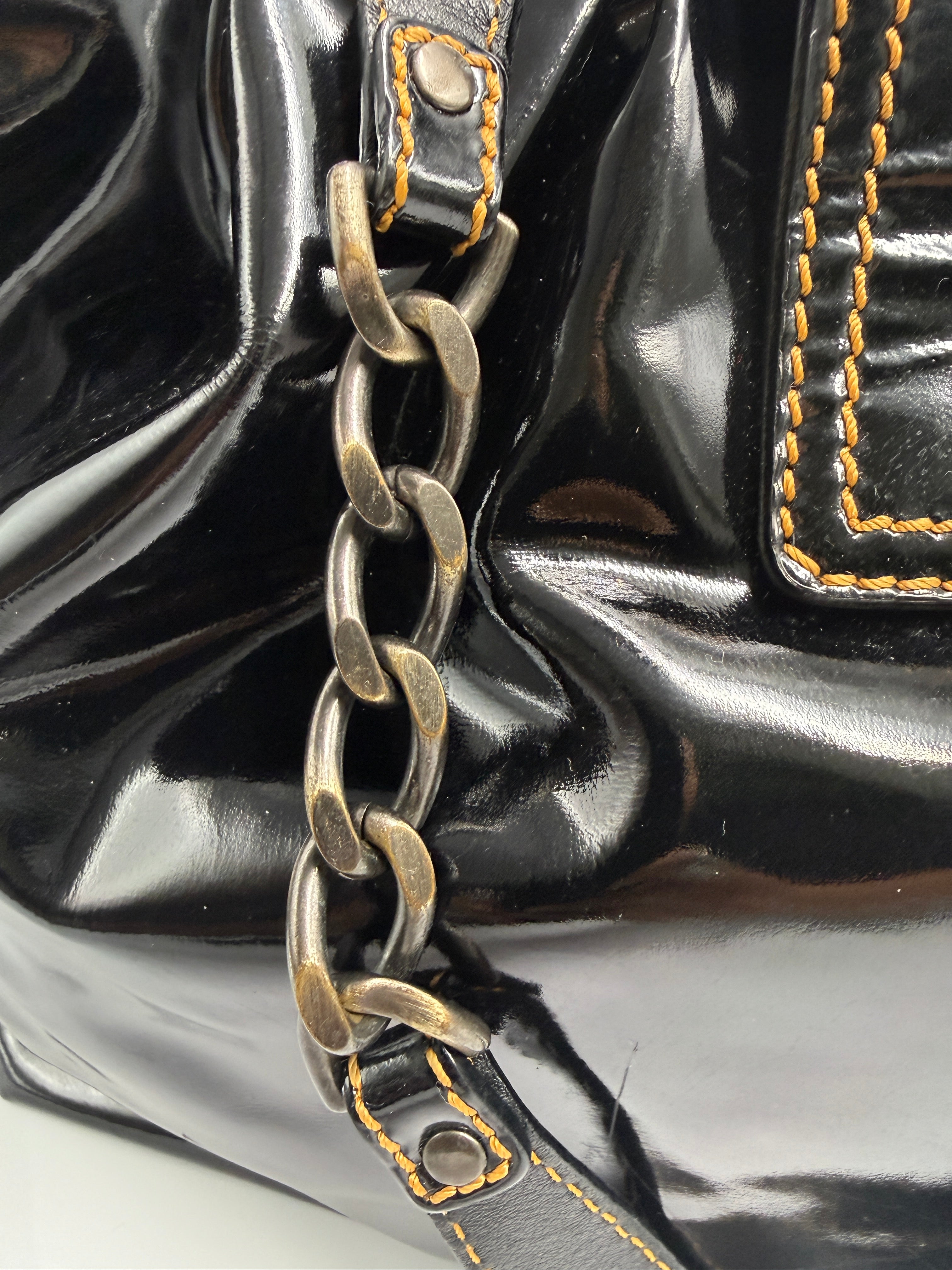 Fendi Vintage Black Patent Leather Chef Bag with Chain Detail