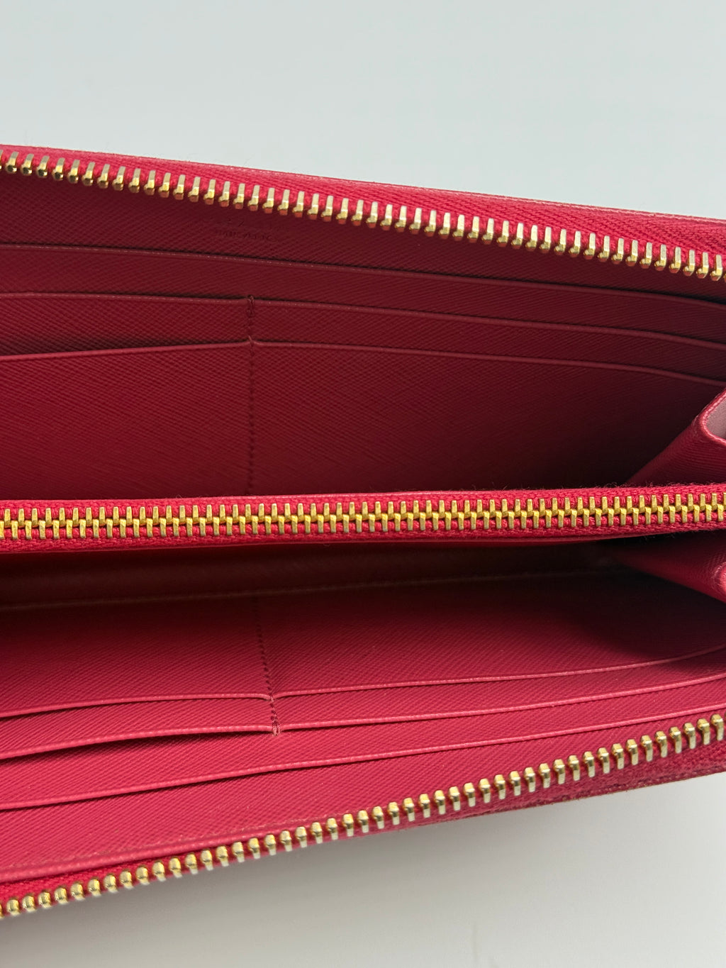 Prada Saffiano Metal Triangle Logo Zip-Around Continental Wallet (Peonia / Magenta)