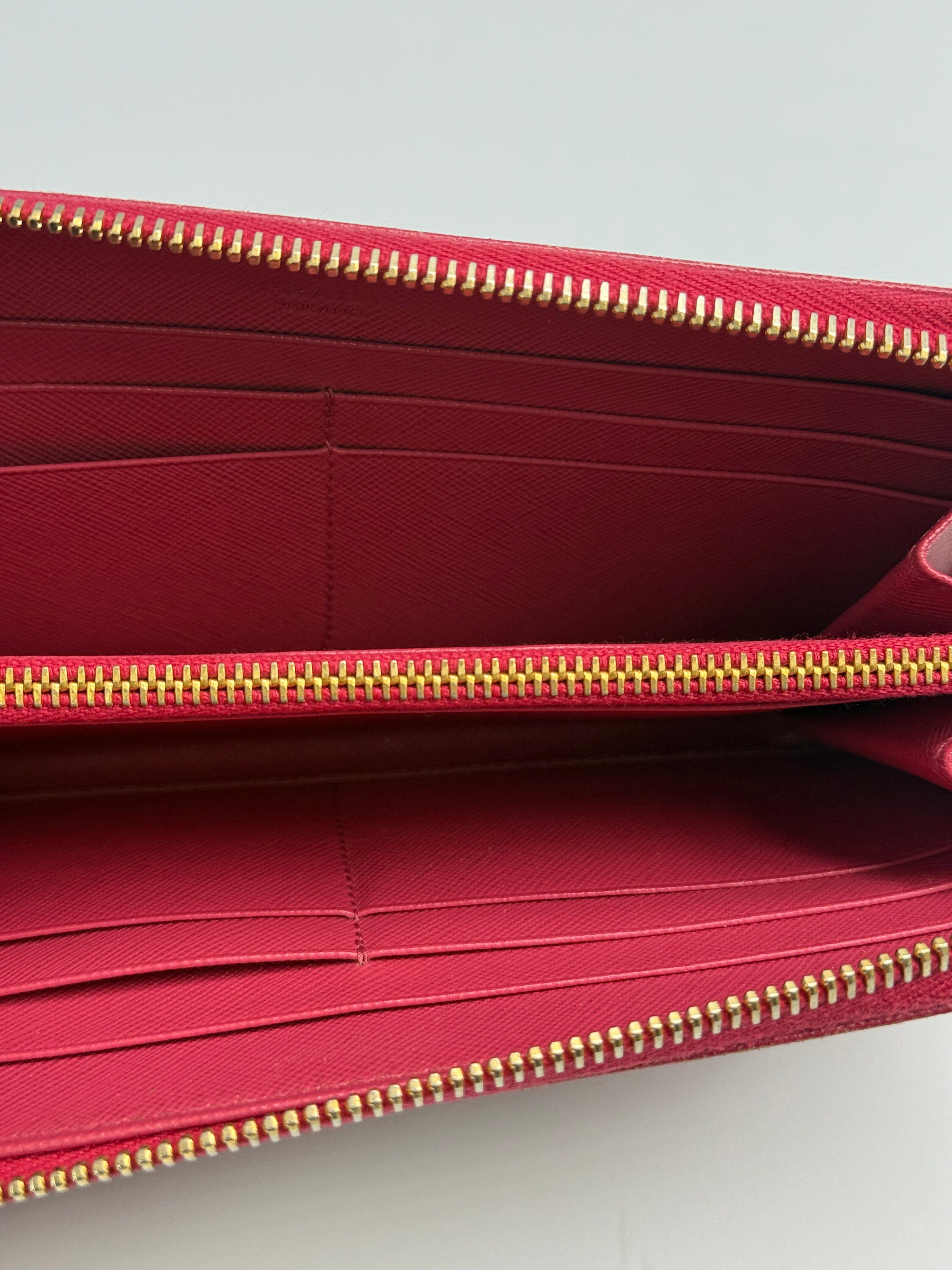 Prada Saffiano Metal Triangle Logo Zip-Around Continental Wallet (Peonia / Magenta)