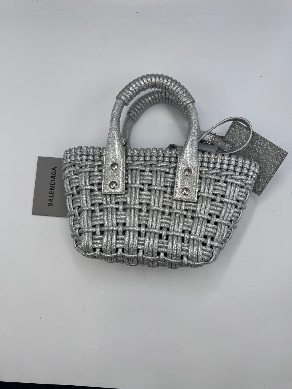 Balenciaga Silver Woven Glitter Basket Bag