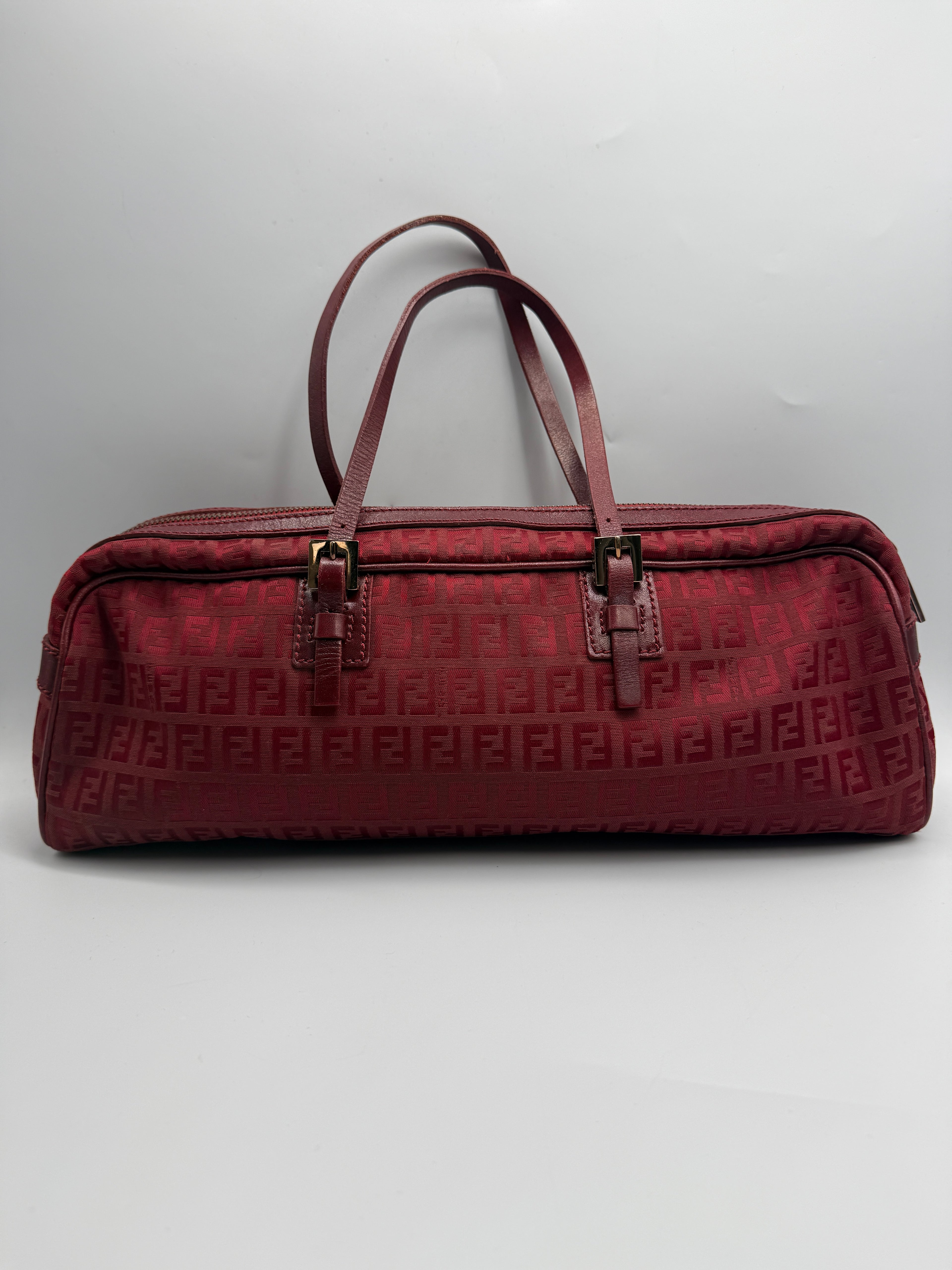 Fendi Vintage Zucca Jacquard Canvas Cylindrical Shoulder Bag in Burgundy Red