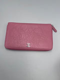Chanel Camellia Embossed Zipped Long Wallet in Pink Lambskin with Silver Hardware