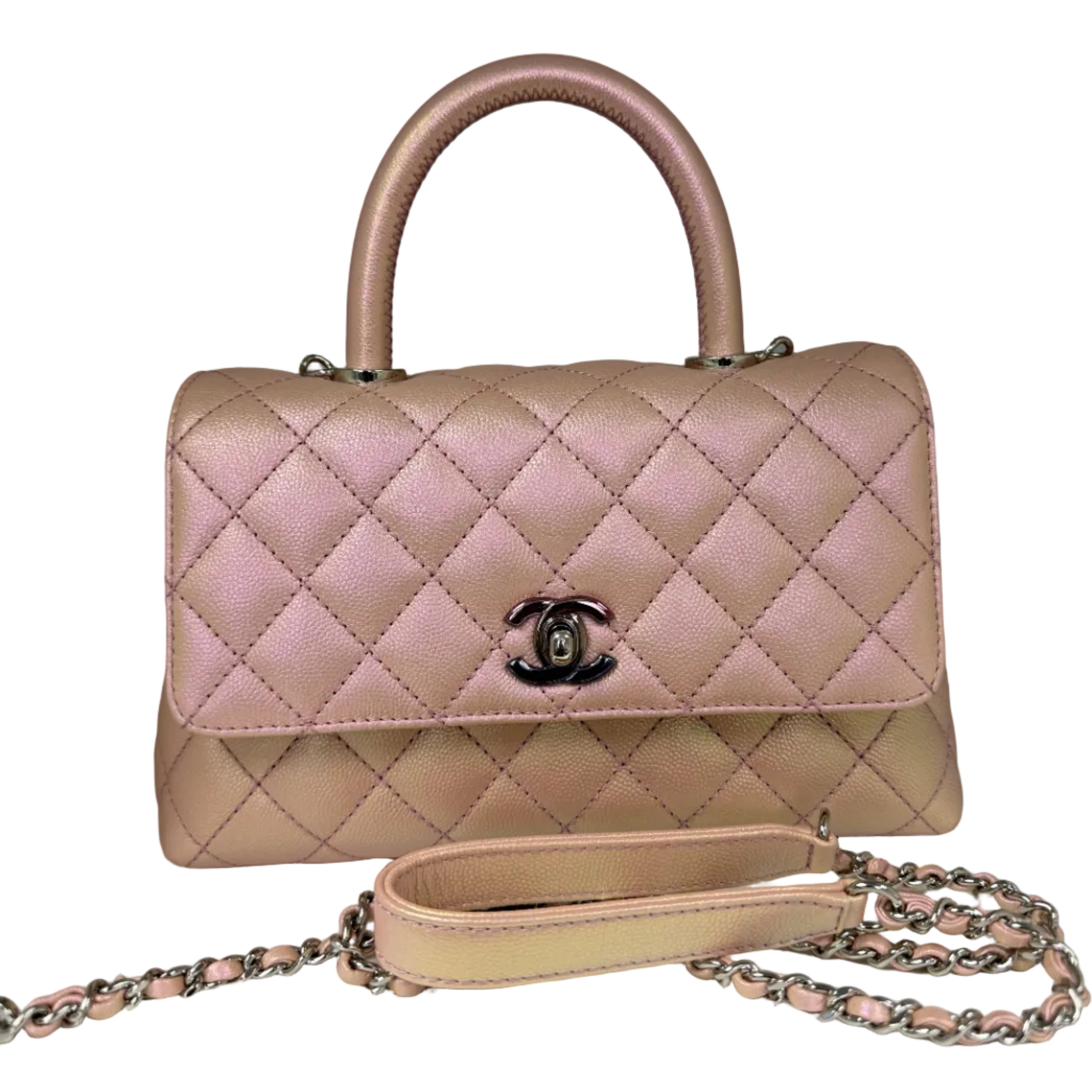 Chanel Coco Handle Mini in Iridescent Metallic Pink Caviar Leather