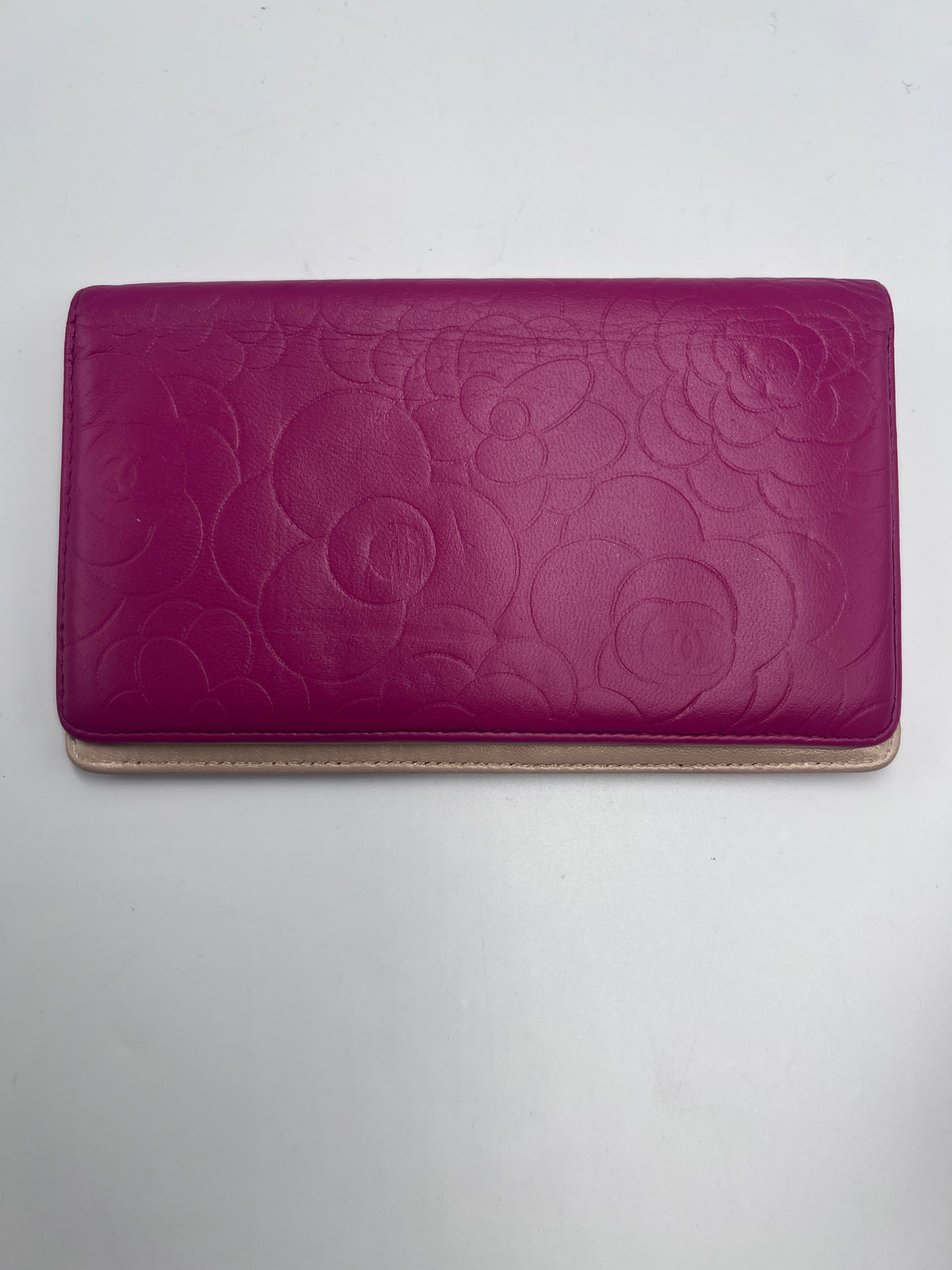 Chanel Camellia Embossed Flap Long Wallet in Magenta / Fuchsia Lambskin with Gold Hardware