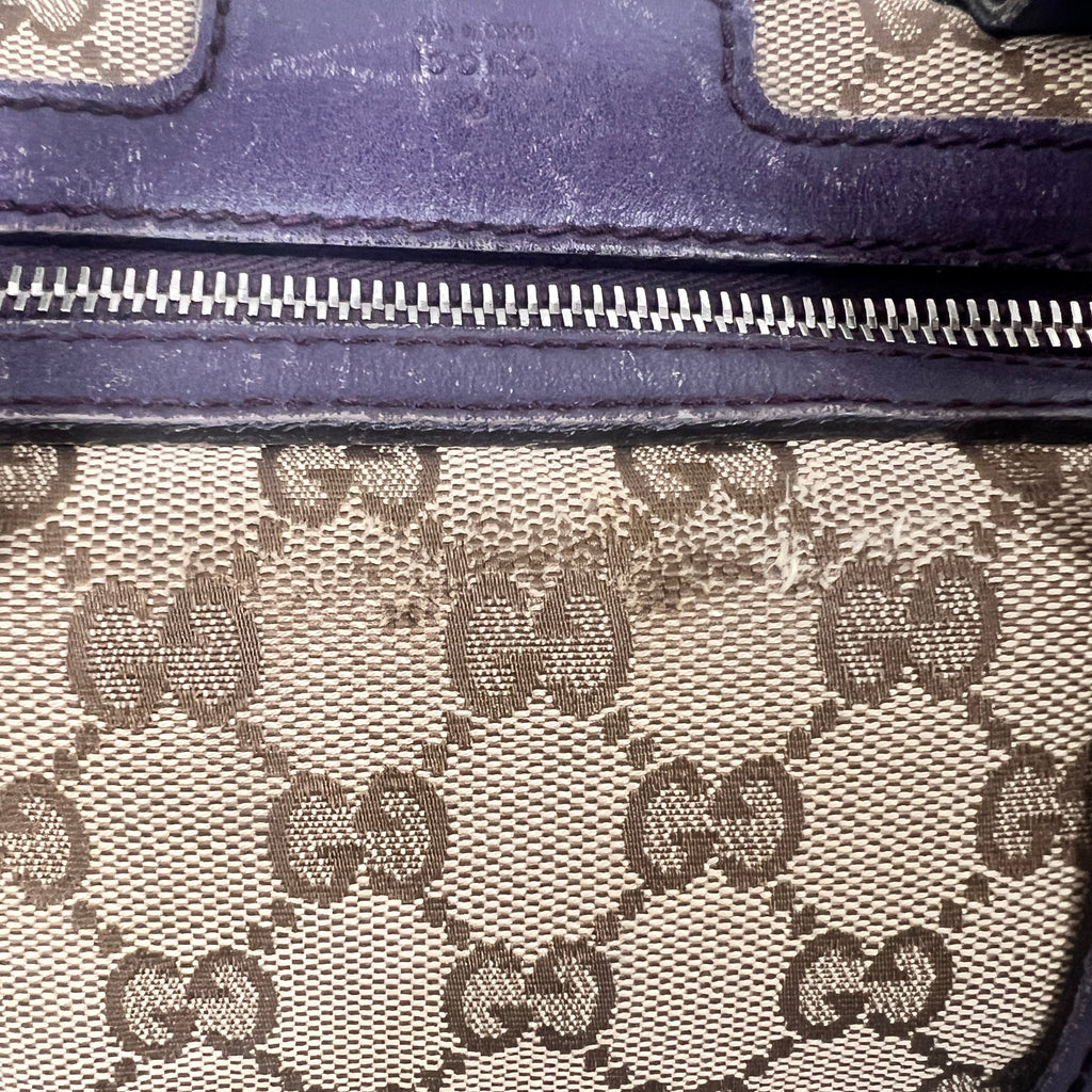 Gucci GG Monogram Canvas Boston Bag with Purple Leather Trim