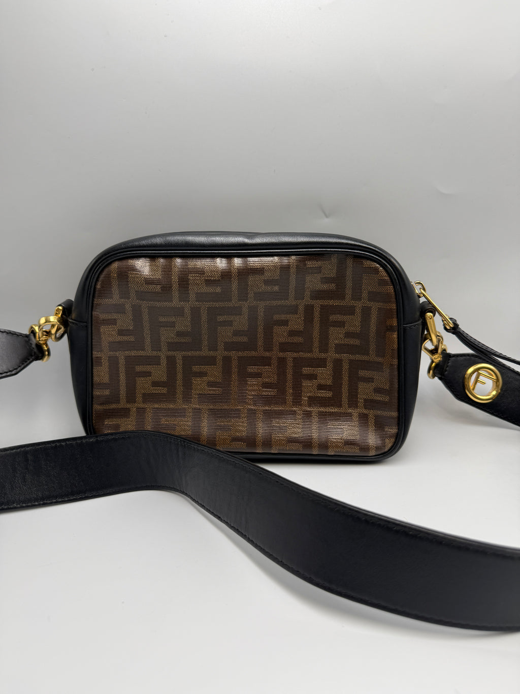 Fendi FF Zucca Tapestry Camera Case Bag in Brown Canvas and Black Leather