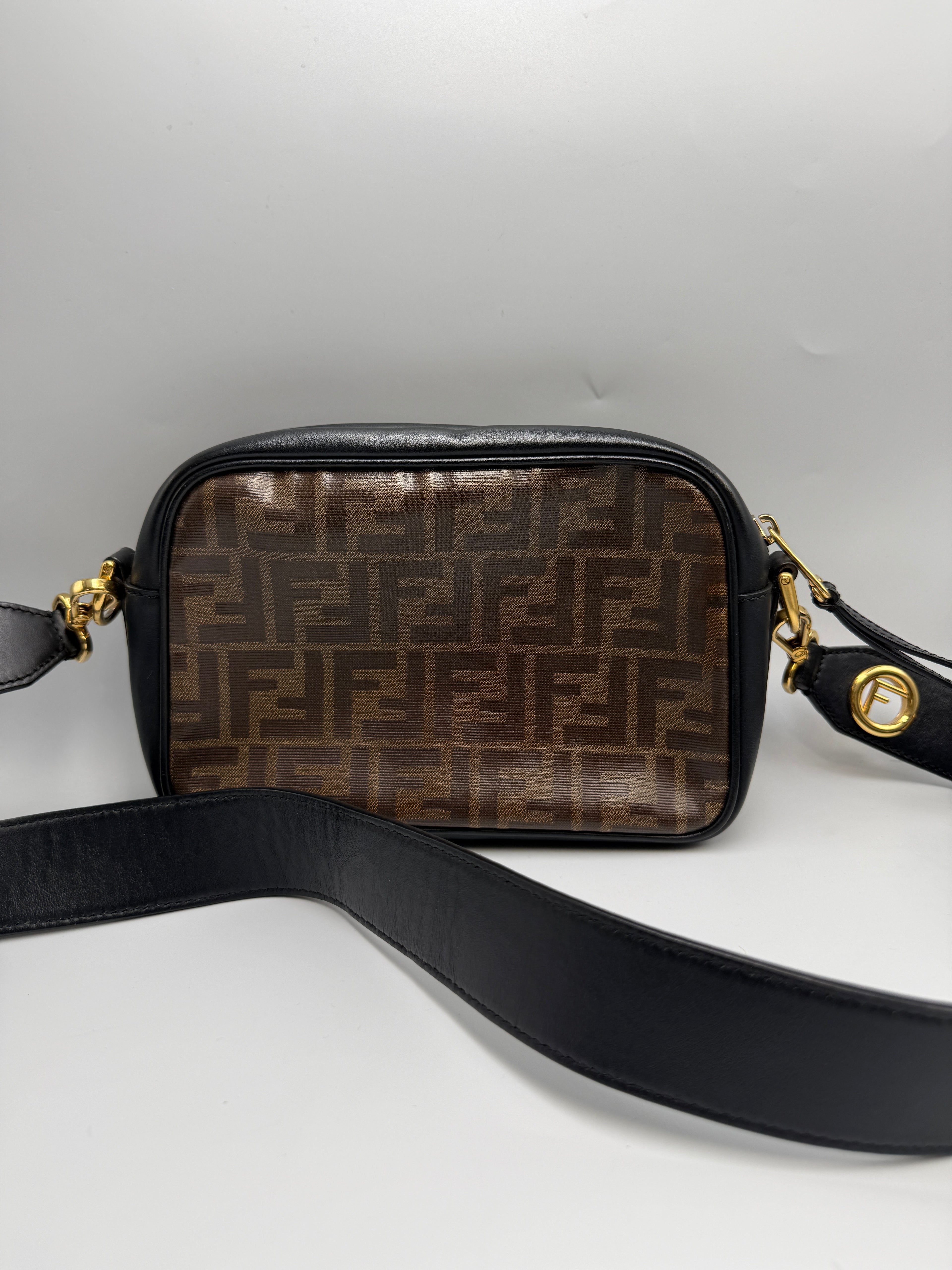 Fendi FF Zucca Tapestry Camera Case Bag in Brown Canvas and Black Leather
