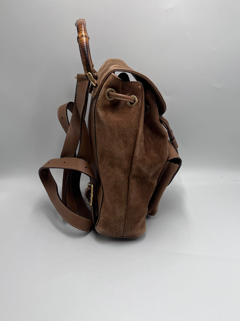 Gucci Vintage Bamboo Small Backpack in Brown Suede and Pebbled Leather