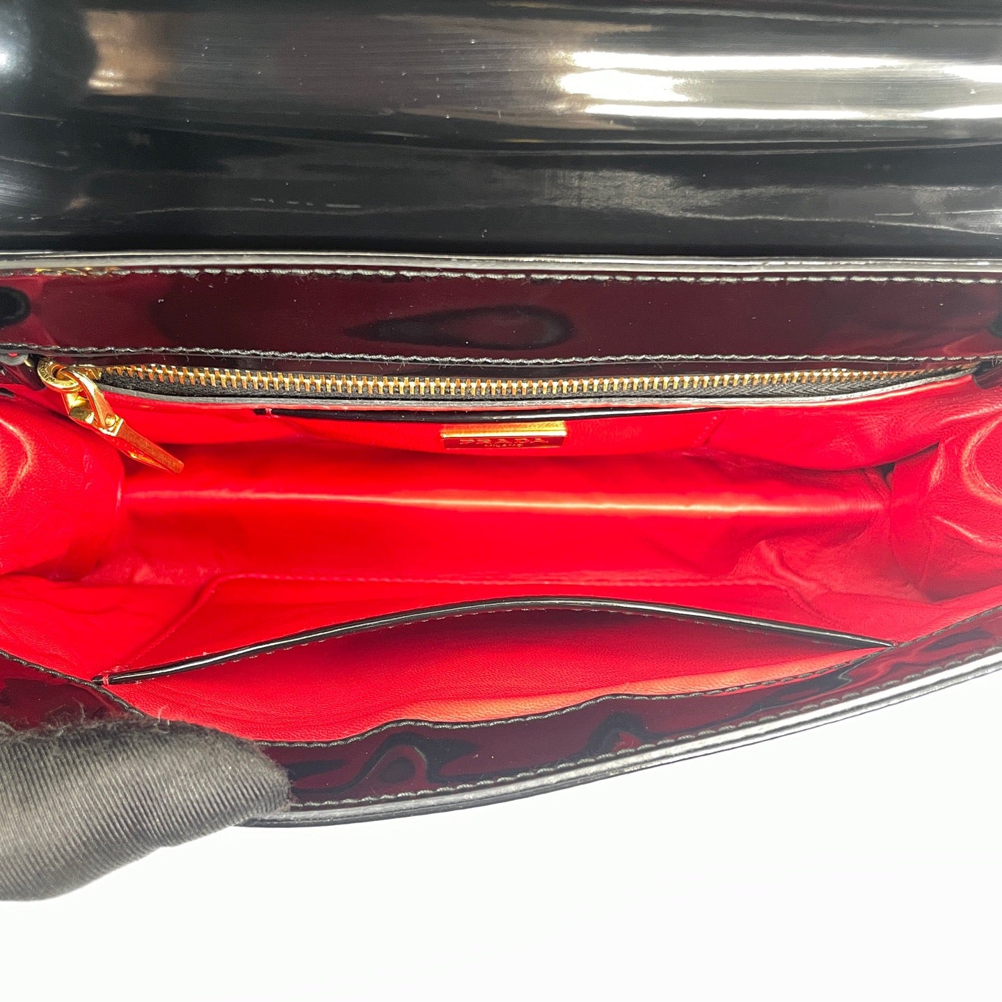 Prada Black Spazzolato Patent Leather Flap Bag with Gold-Tone Chain Strap