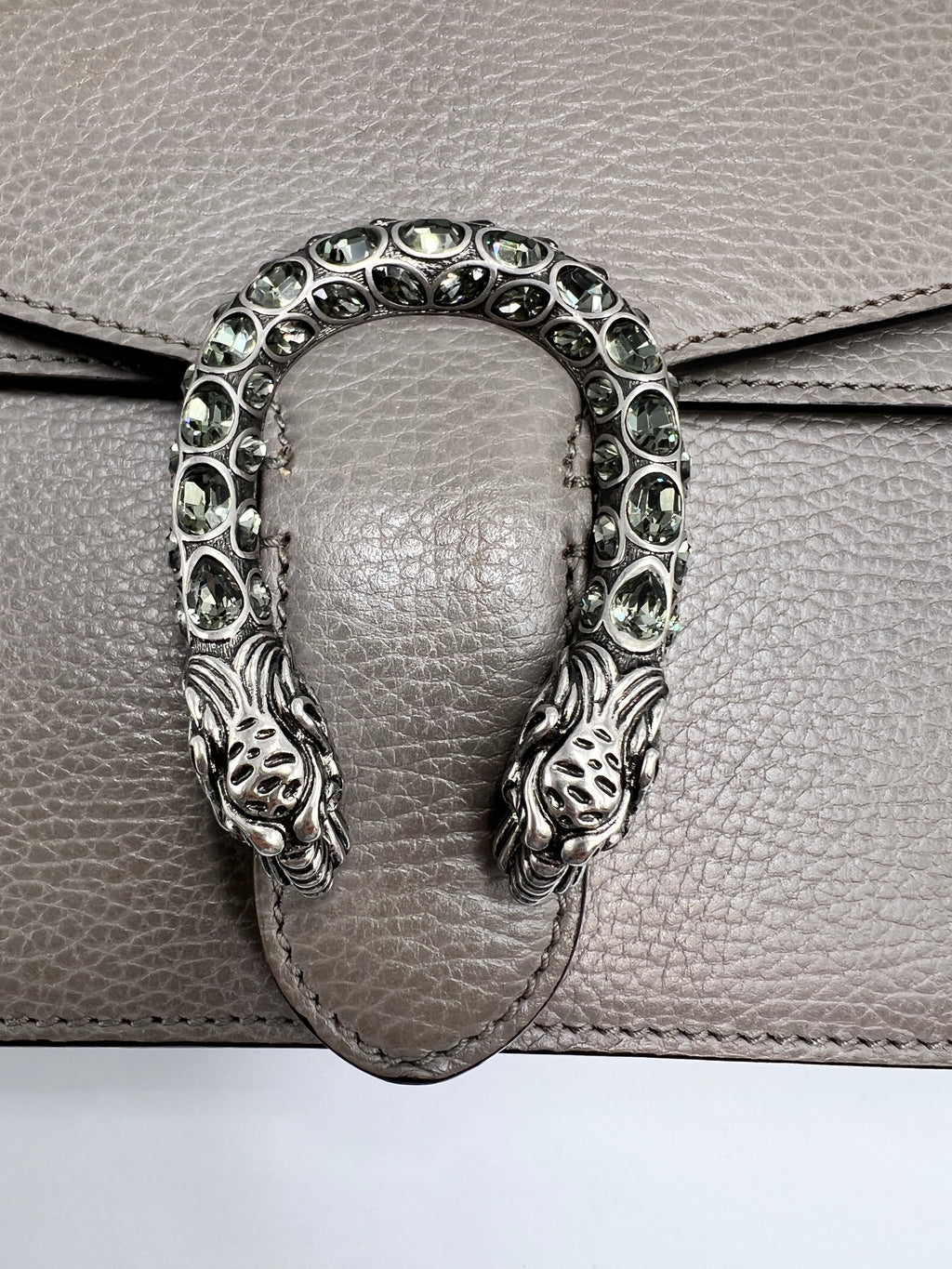 Gucci Dionysus Medium Shoulder Bag in Taupe Grained Leather with Crystal Tiger Head Closure