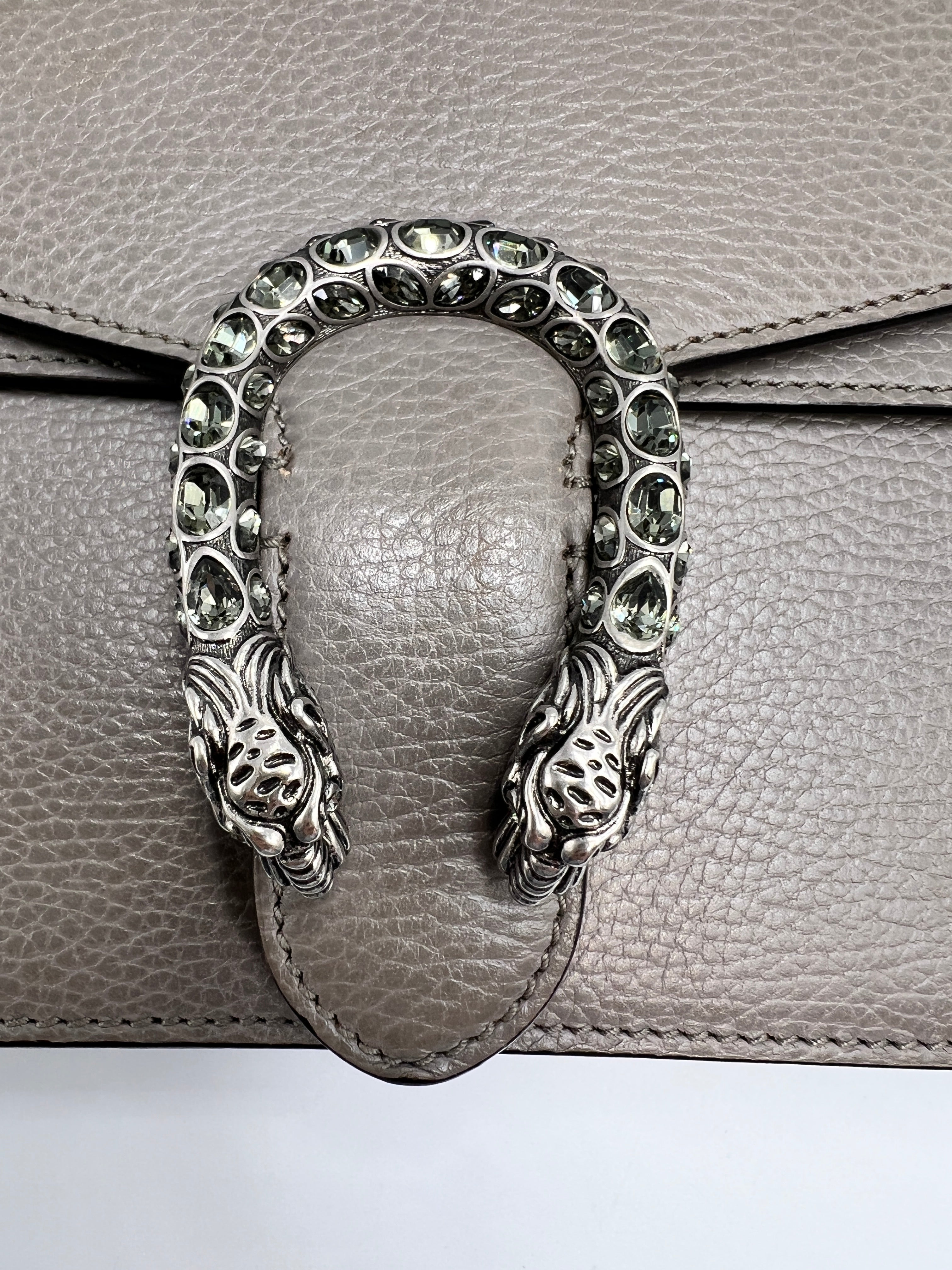 Gucci Dionysus Medium Shoulder Bag in Taupe Grained Leather with Crystal Tiger Head Closure