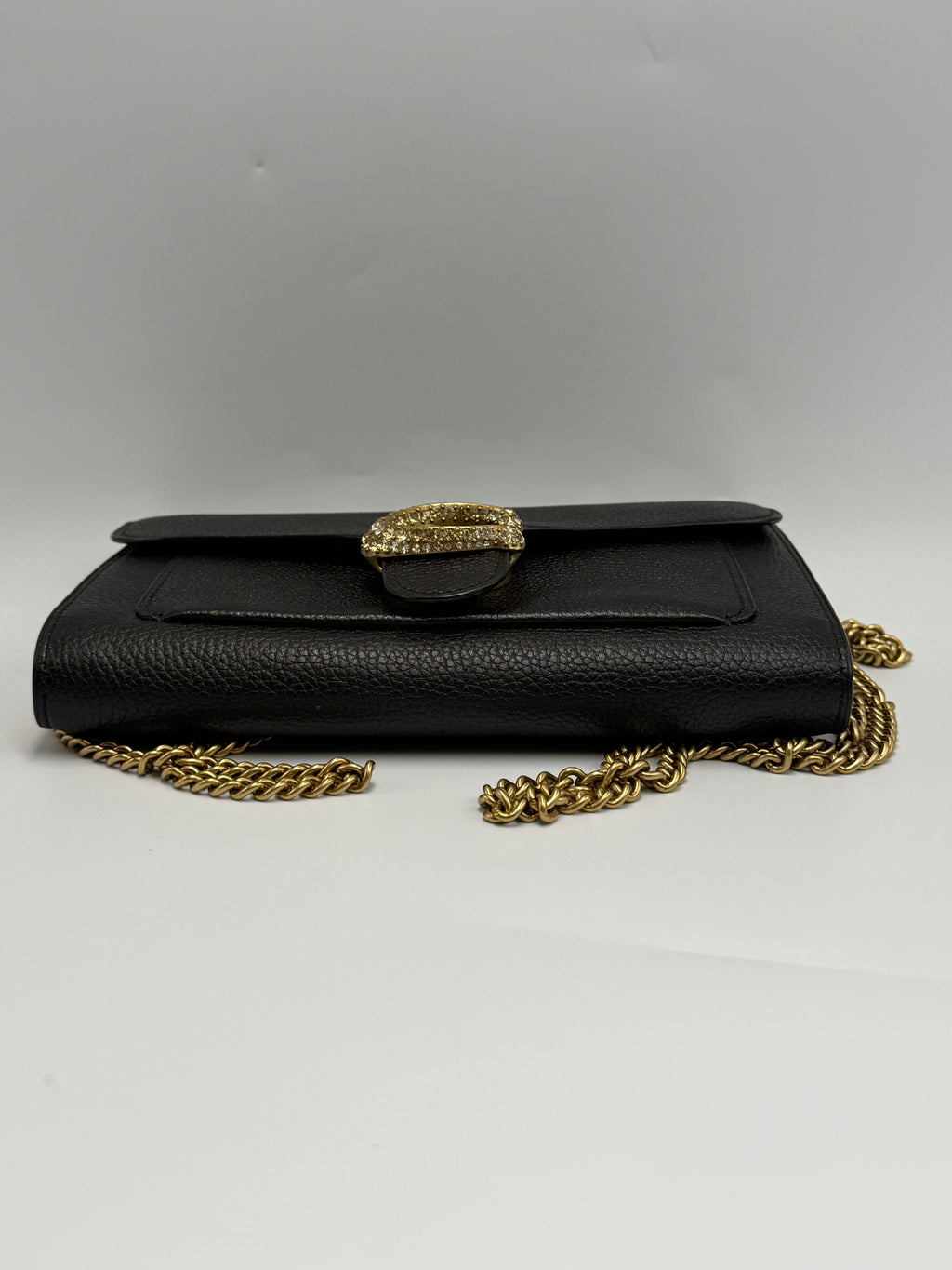 Coach Tabby Chain Clutch / Wallet on Chain with Crystal 'C' in Black Polished Pebble Leather