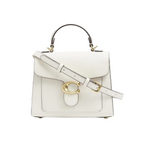 A structured white leather handbag with a top handle, a diagonal shoulder strap, and a prominent gold-tone 'C' logo clasp on the front flap, set against a plain white background.