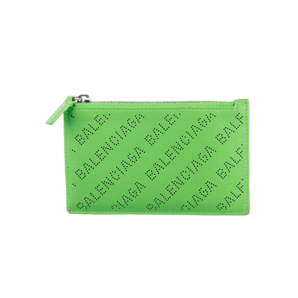 A bright green zippered pouch by Balenciaga, featuring an all-over diagonal brand name pattern in black, with a matching green zipper pull, shown on a light gray background.