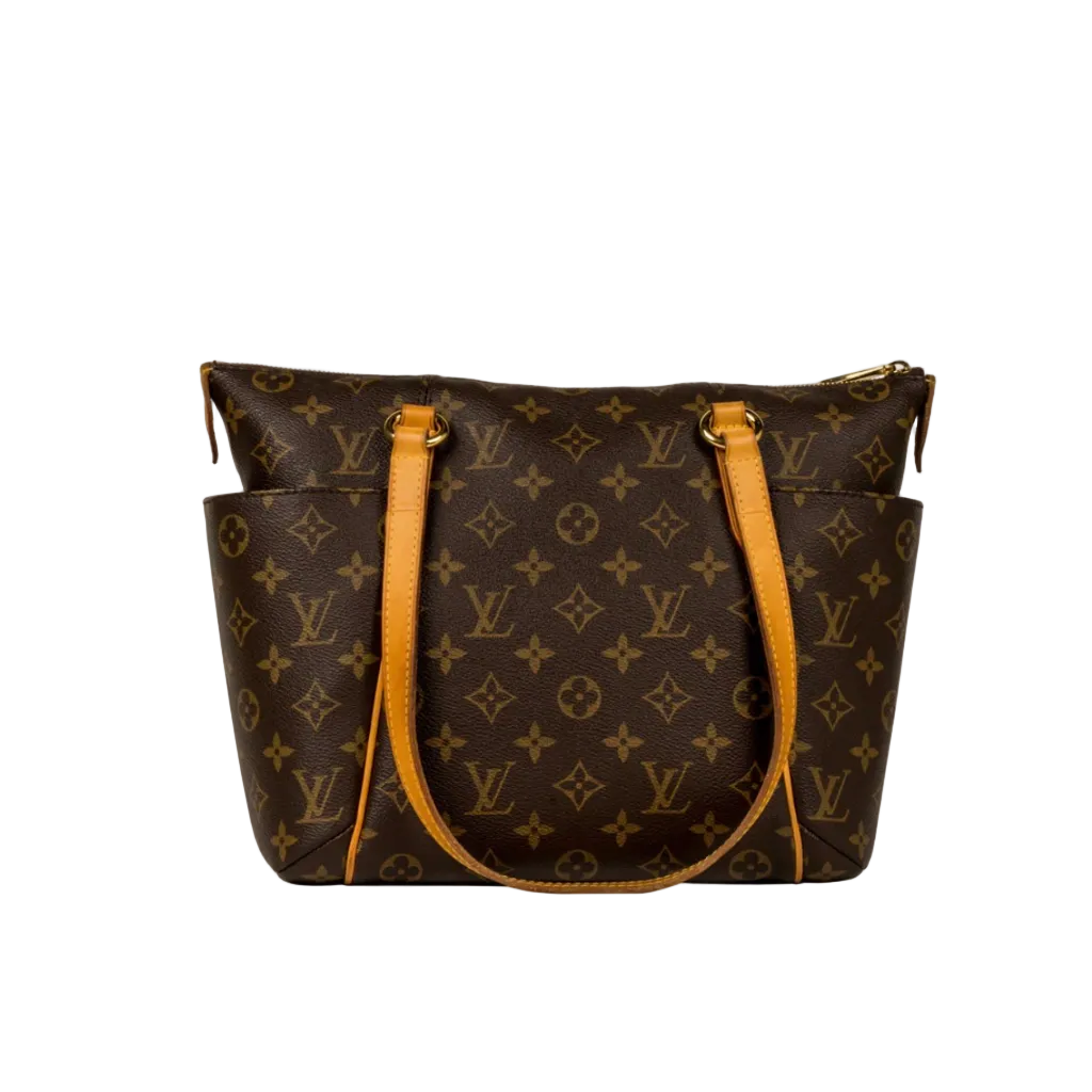 Louis Vuitton monogram canvas shoulder bag with tan leather handles and trim, shown against a white background.