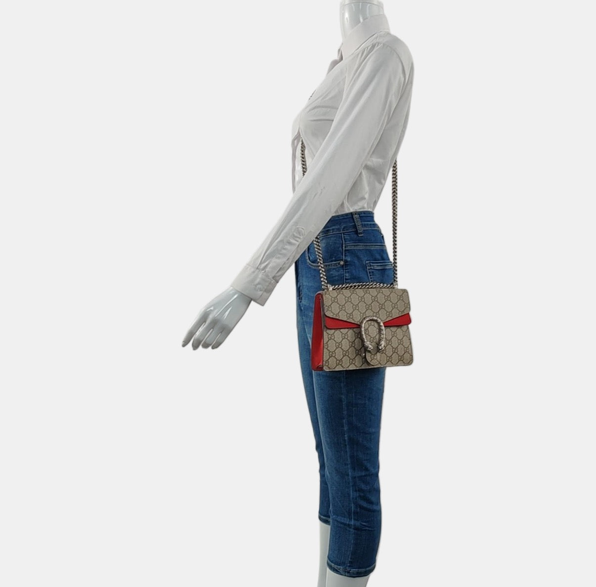 preowned authentic gucci gg canvas with red suede detail and silver crossbody strap handbag for size reference