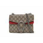 preloved authentic Gucci dionysus small size crossbody handbag with red suede interior and silver chain strap on gg canvas and tiger head silver hardware 