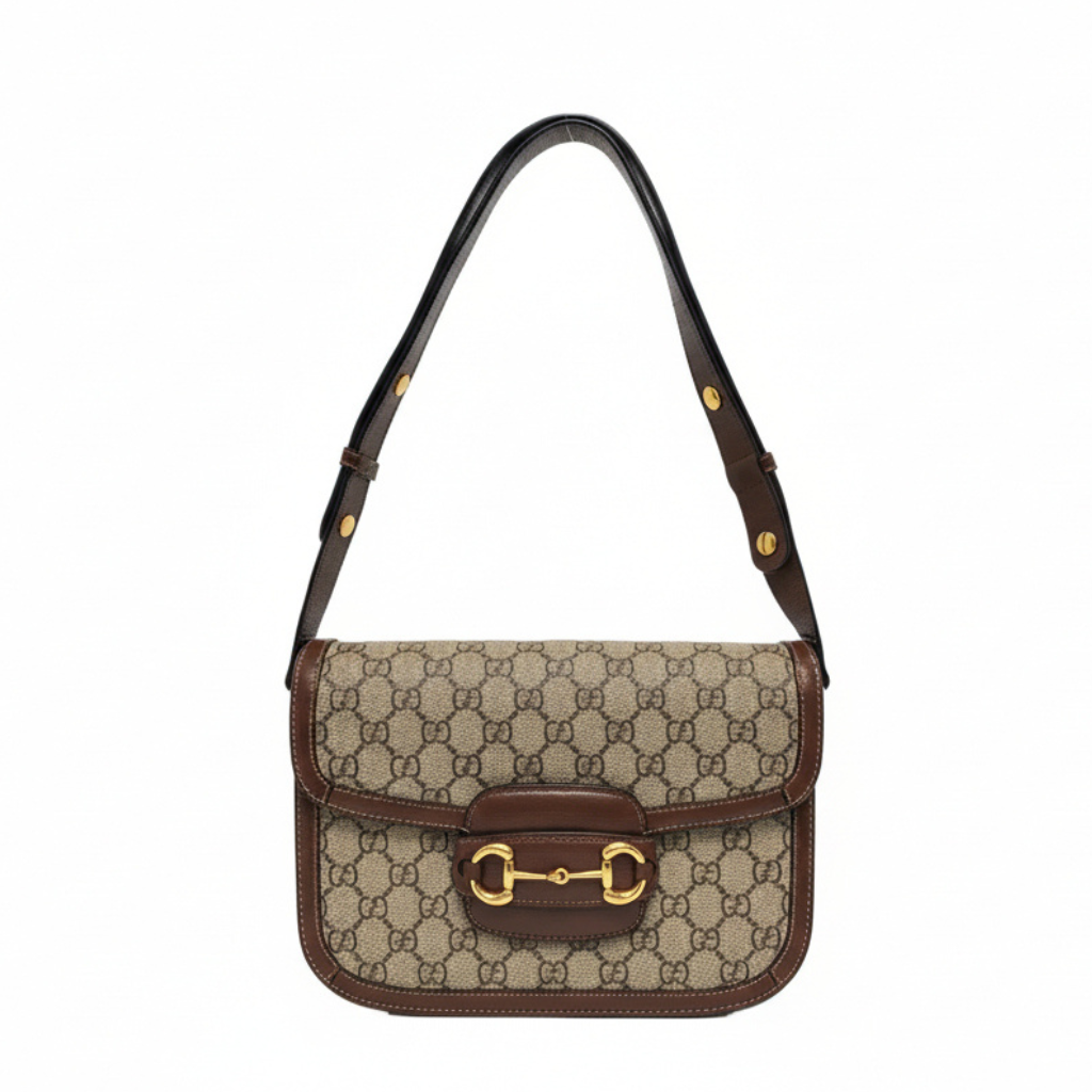 preloved luxury designer handbag gucci horsebit gg canvas shoulder bag with gold hardware in excellent condition for sale 