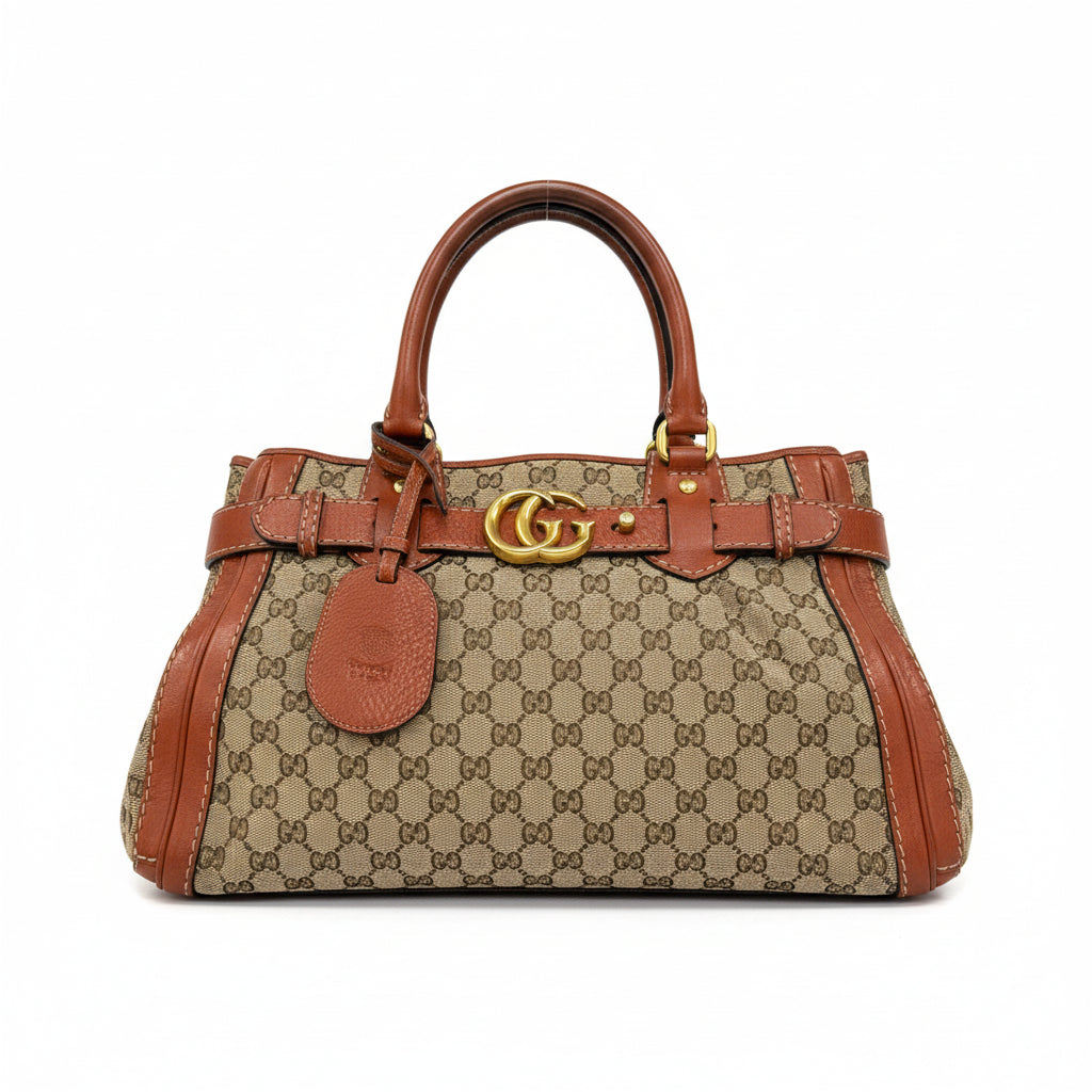 authenitc gucci brown gg canvas with gold hardware vintage tote bag with name badge in very good condition at discount price great for work and every day 