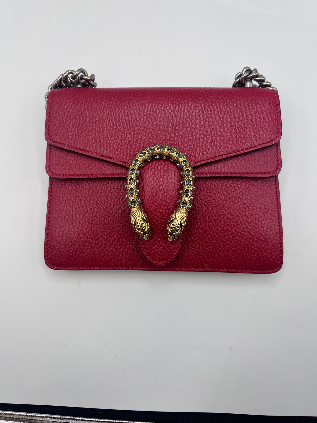 Gucci Dionysus Red Leather Small shoulder bag Crystal Tiger Head Front View