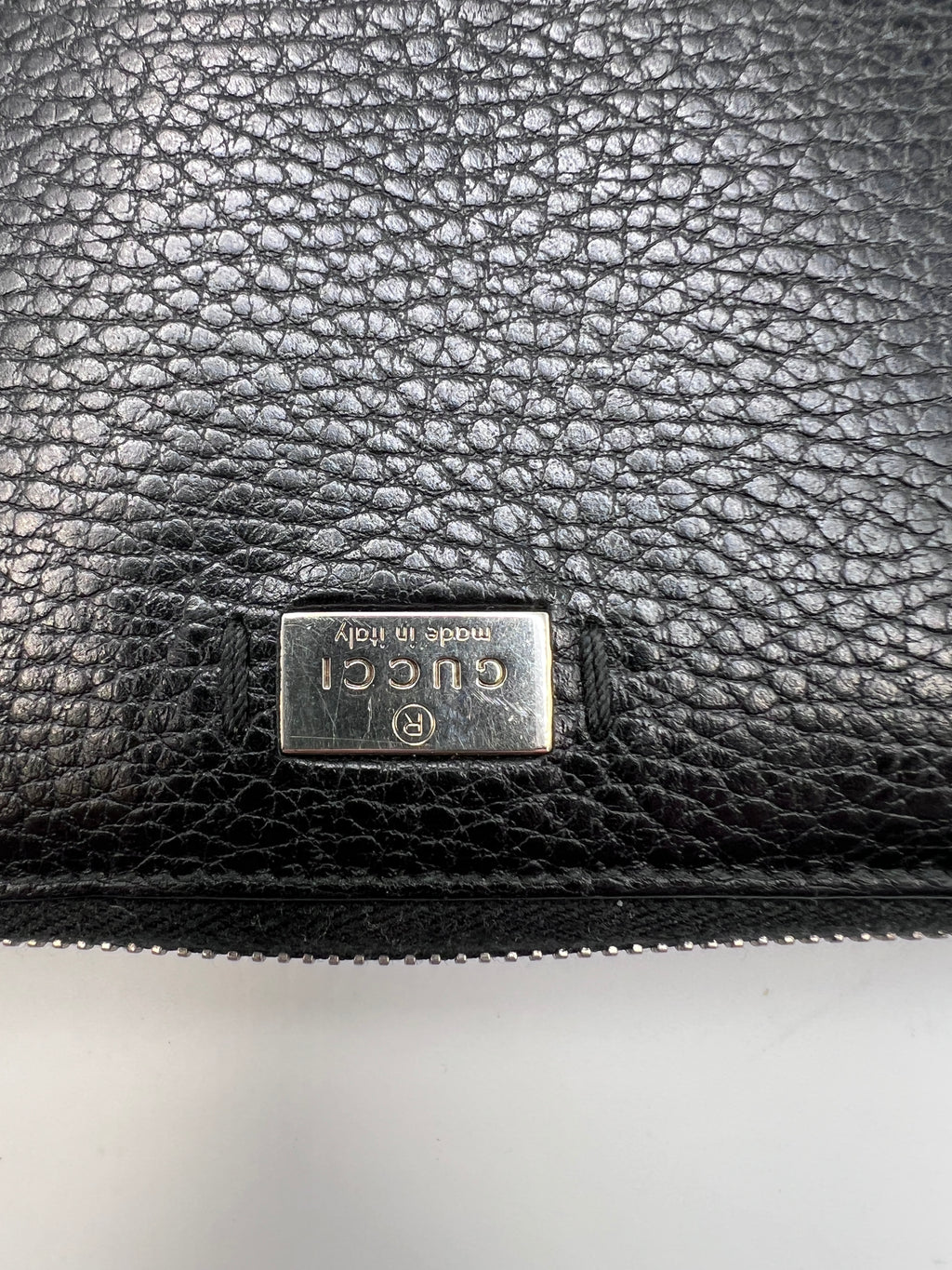 Gucci Logo Plaque Pebbled Leather Zip Around Long Wallet