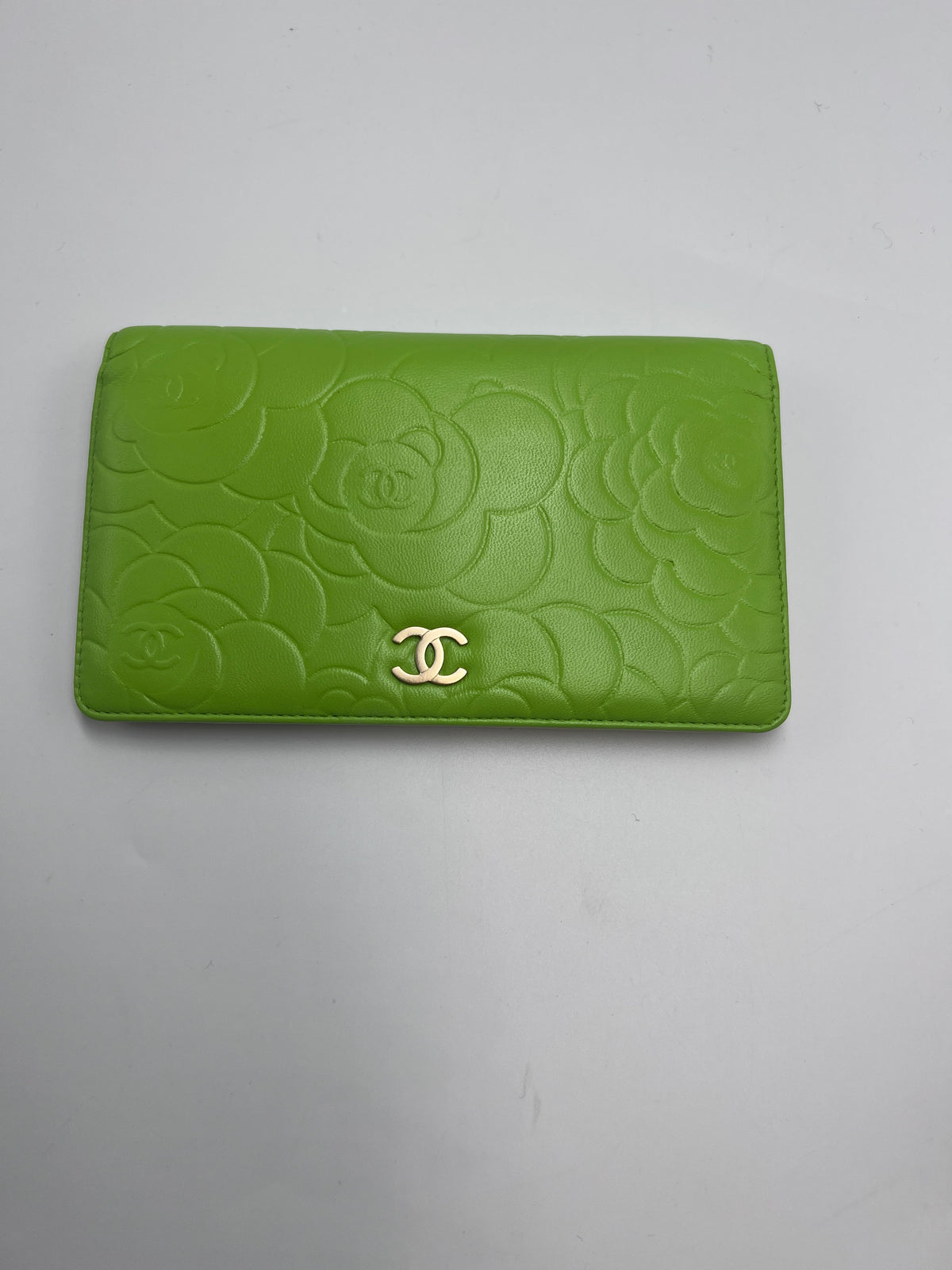 Chanel Camellia Embossed Leather Flap Long Wallet Lime Green