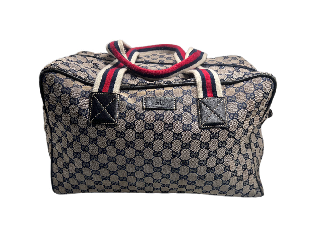 Gucci Vintage Navy GG Canvas Web Boston Duffle Bag with Red/Navy Web Stripe | Designer Resale