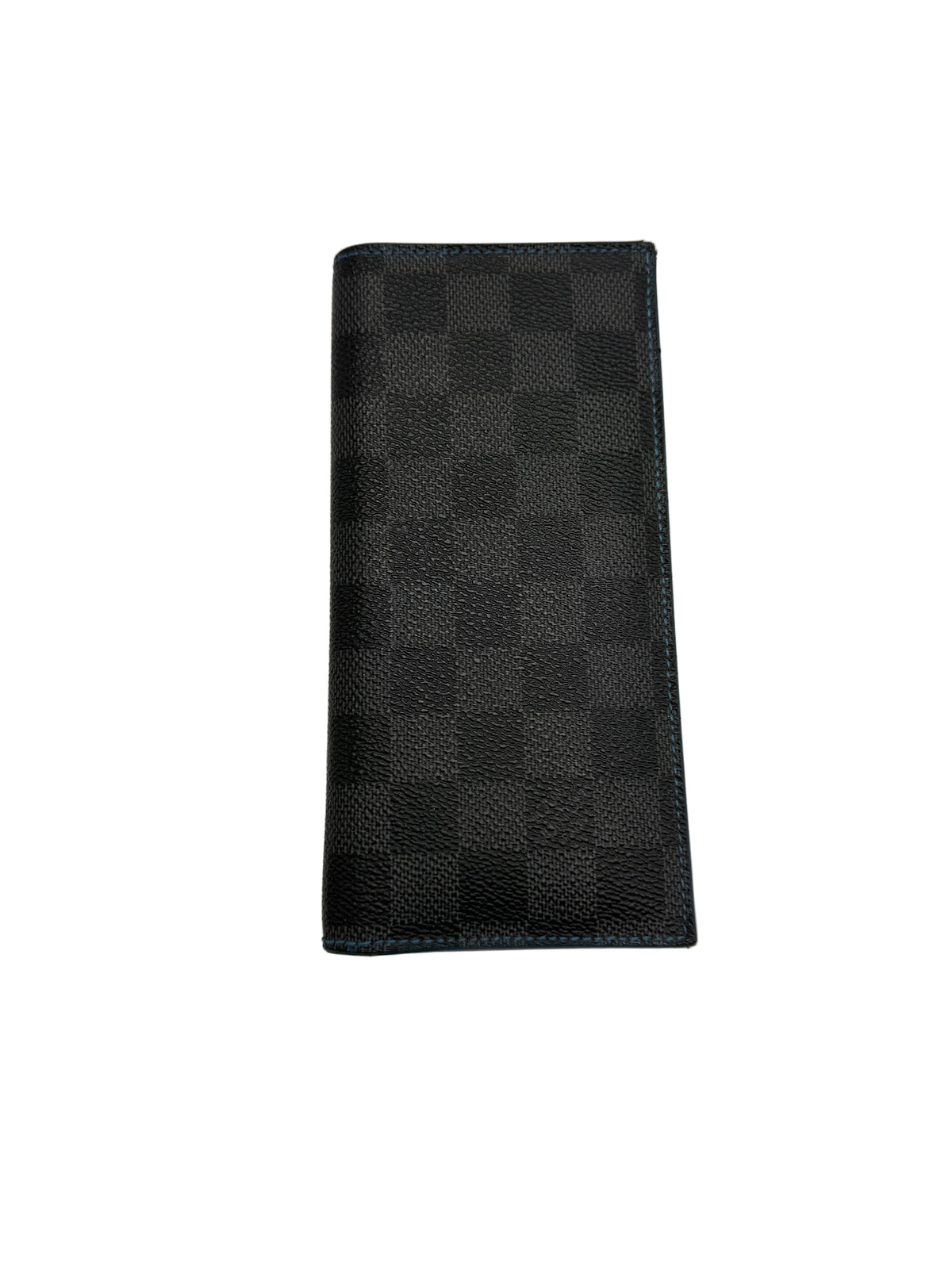 A black and dark gray checkered leather wallet, featuring a textured checkerboard pattern, shown closed on a plain white background.