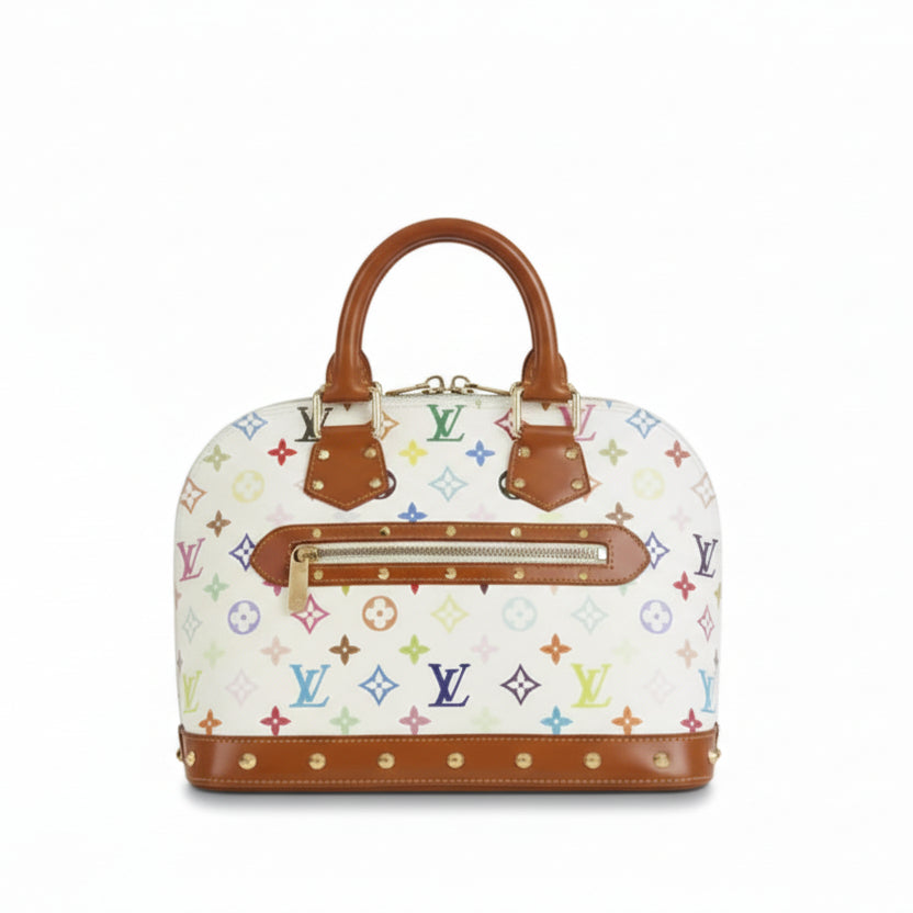 secondhand authentic designer louis vuitton alma pm bag with white multicolor murakami and patina vachetta leather with top handle and crossbody strap