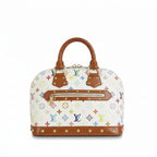 secondhand authentic designer louis vuitton alma pm bag with white multicolor murakami and patina vachetta leather with top handle and crossbody strap