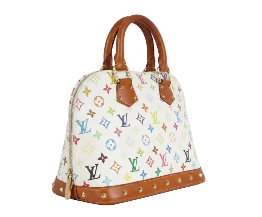 preowned lv classic canvas murakami in white multicolor canvas in limited edition print alma pm with dark patina brown vachetta leather side view