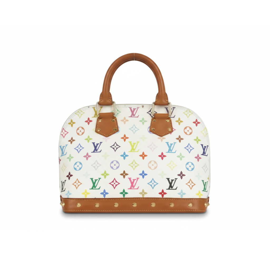 preloved louis vuitton murakami alma pm bag in white multicolor canvas preowned luxury Designer handbag with multicolor pattern and brown vachetta leather handles in great condition and gold hardware and studs 