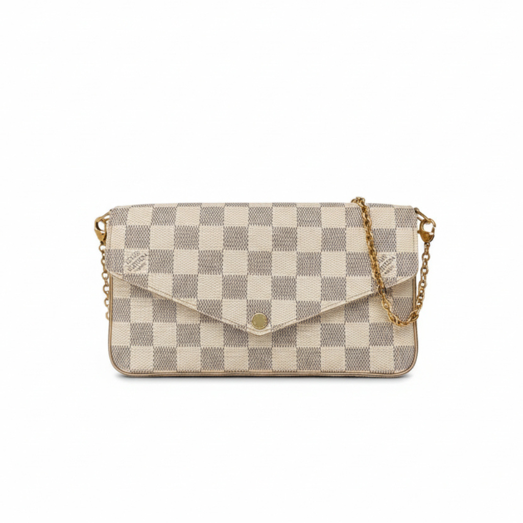 Checkered handbag with gold chain LOUIS VUITTON FELICIE POCHETTE SHOULDER BAG DAMIER AZUR canvas in very good condition 
