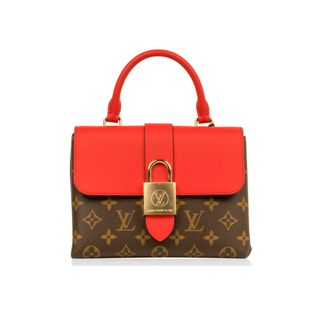 front of view of louis vuitton locky bb satchel bag with crossbody strap in red leather and monogram canvas 