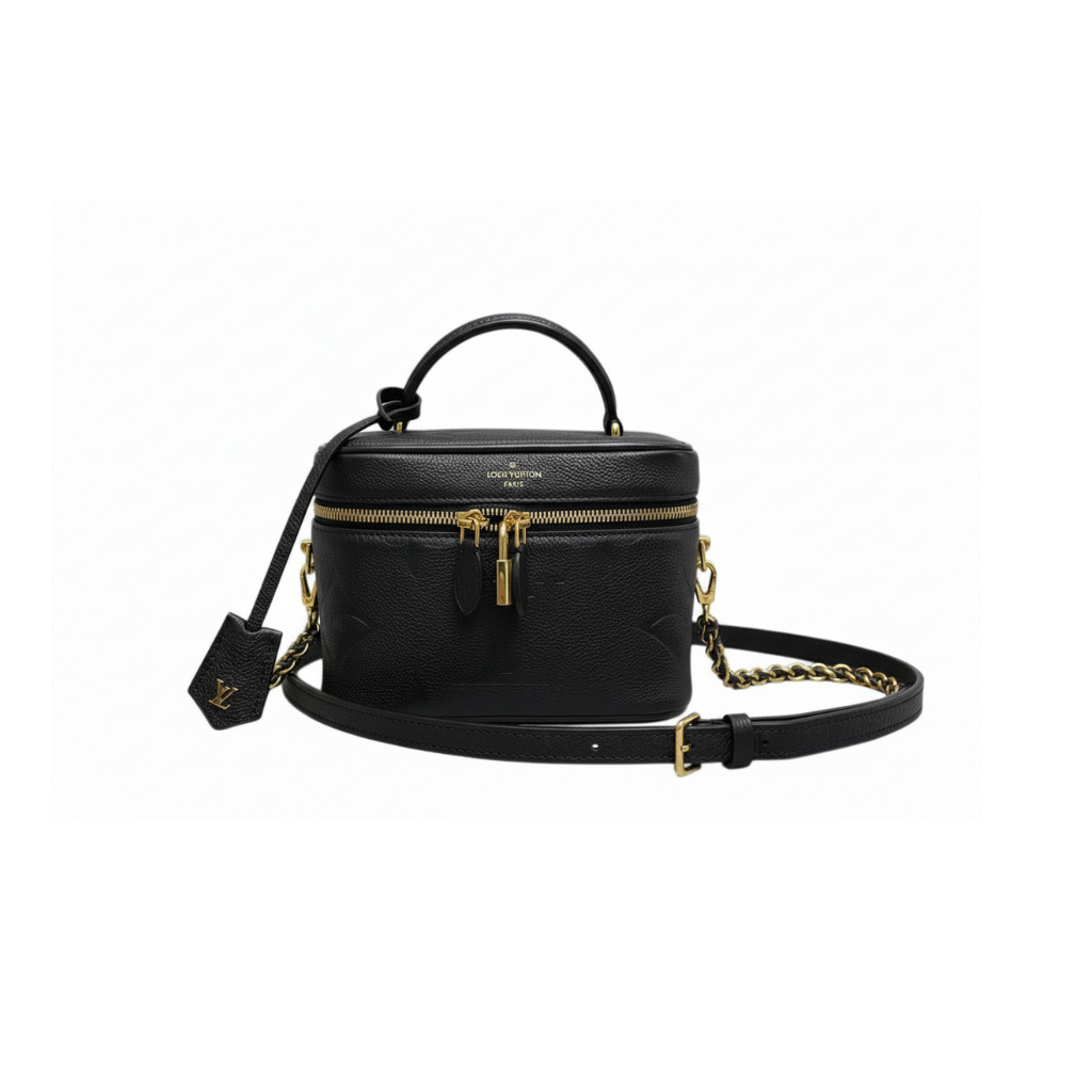 Louis vuitton Vanity Case crossbody toiletry bag in black leather with gold hardware with zipper and strap 