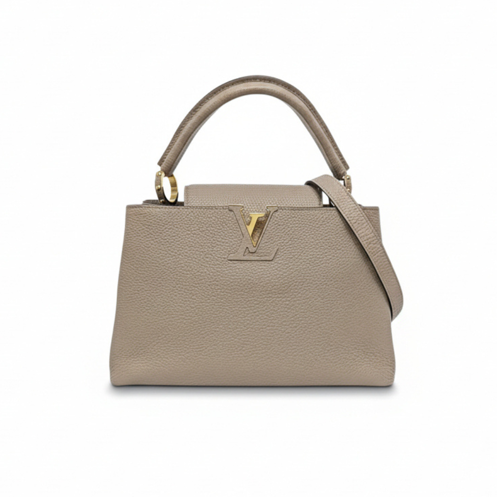 preowned authentic louis vuitton MM Beige handbag with a gold logo and crossbody strap in excellent condition shows no marks and stain secondhand designer bag at discount price 