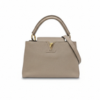 preowned authentic louis vuitton MM Beige handbag with a gold logo and crossbody strap in excellent condition shows no marks and stain secondhand designer bag at discount price 