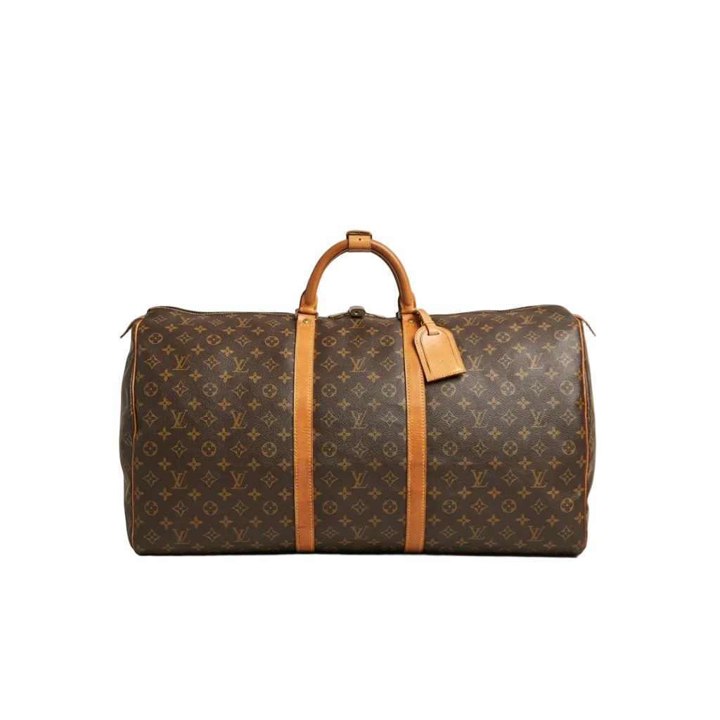 A Louis Vuitton monogram canvas duffel bag with tan leather handles and side straps, shown against a light gray background.