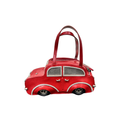 A red car-shaped handbag with a top handle, featuring silver trim and gray-tinted window panes, shown against a plain white background.