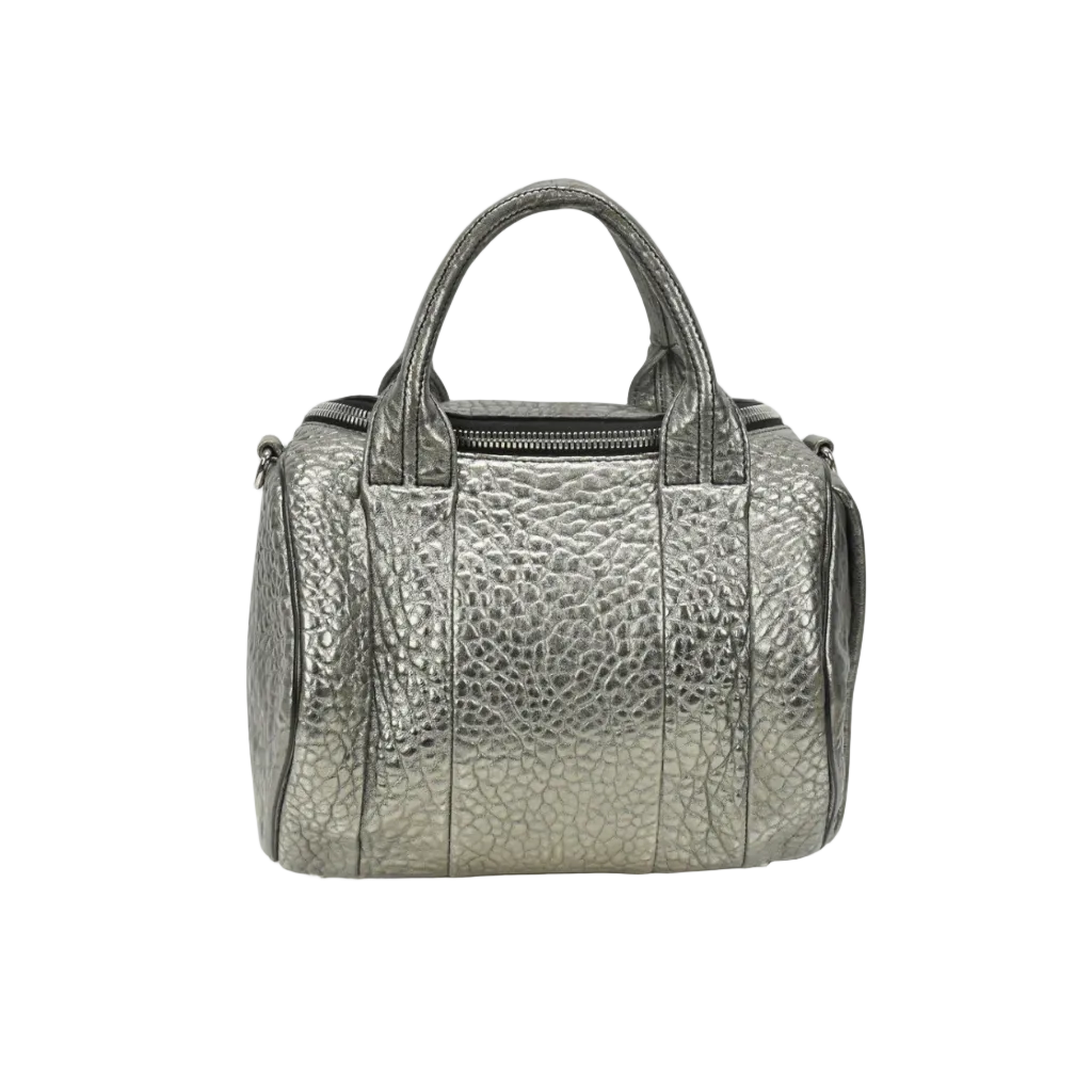Front view of the black pebbled leather Alexander Wang Rockie bag with top handles.
