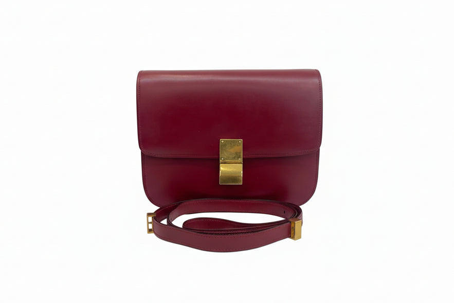 preloved authentic celine box crossbody bag in red leather and gold hardware 