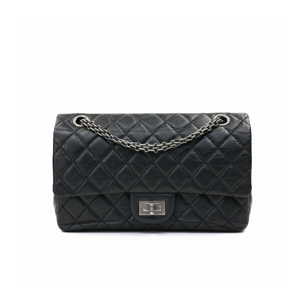 preloved authentic chanel 2.55 reissue medium Black quilted leather handbag with silver chain 