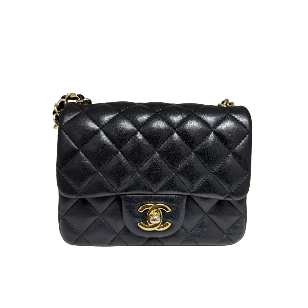 Front view of a Chanel Classic Square Mini Flap bag in black lambskin leather with gold-tone CC turnlock.