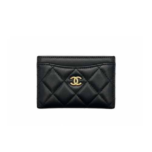 preowned authentic chanel black soft lambskin with gold hardware card holder for sale at discount price designer luxury wallet 