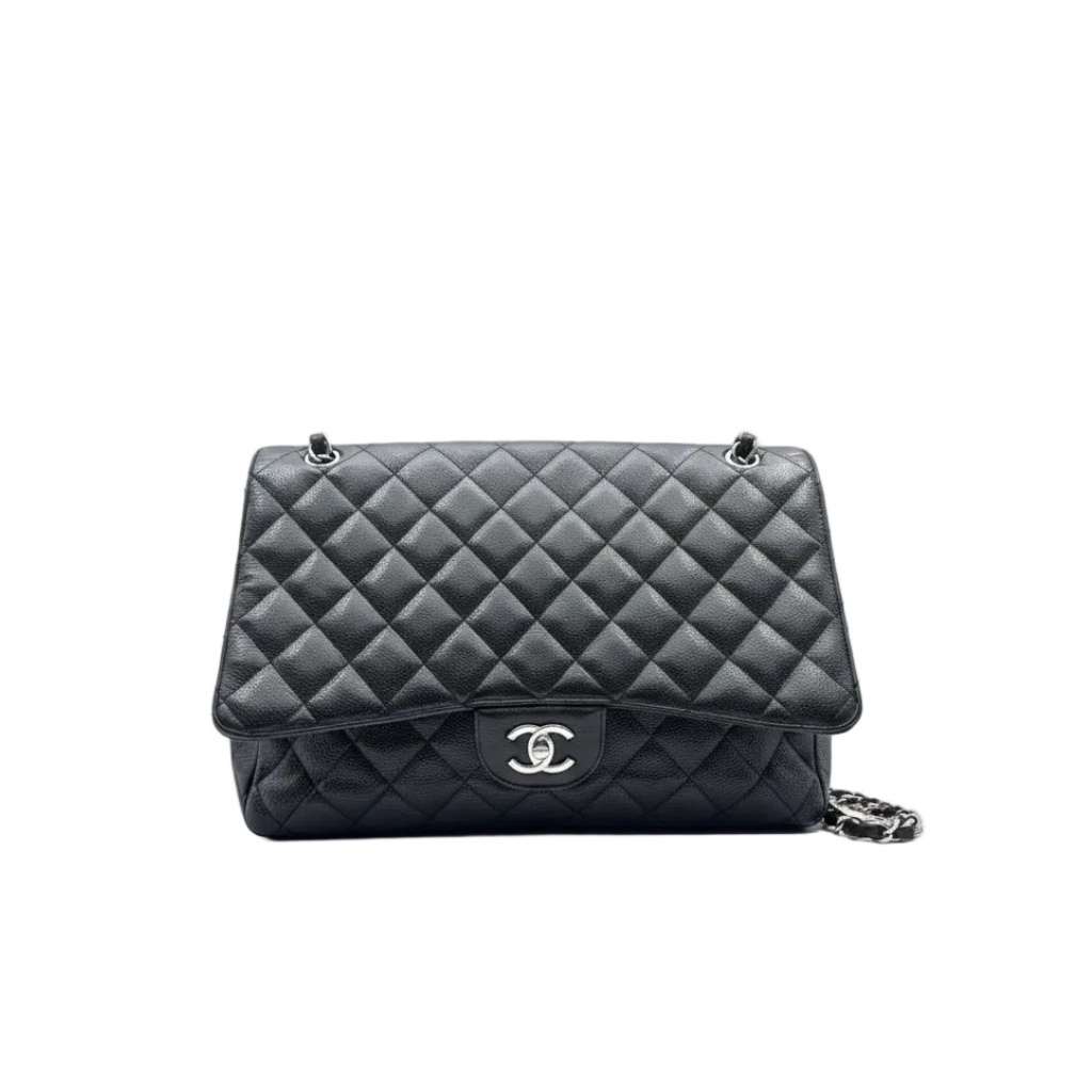 Chanel classic flap Black quilted caviar leather handbag Maxi size in very good condition crossbody luxury designer bag for sale 