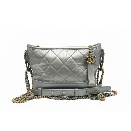 authentic preloved chanel silver leather in size small crossbody handbag cc logo gold hardware 