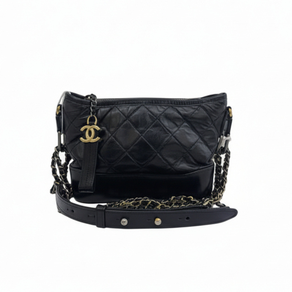 preloved authentic chanel black quilted cc logo crossbody hobo bag in lambskin leather in very good condition authentic luxury designer bag for sale 