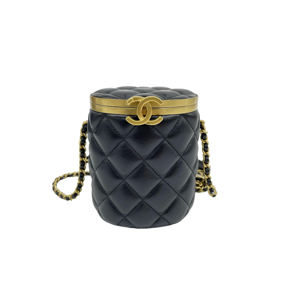 preloved authentic chanel black quilted lambskin with gold cc logo hardware and crossbody strap mini vanity box case bag for sale