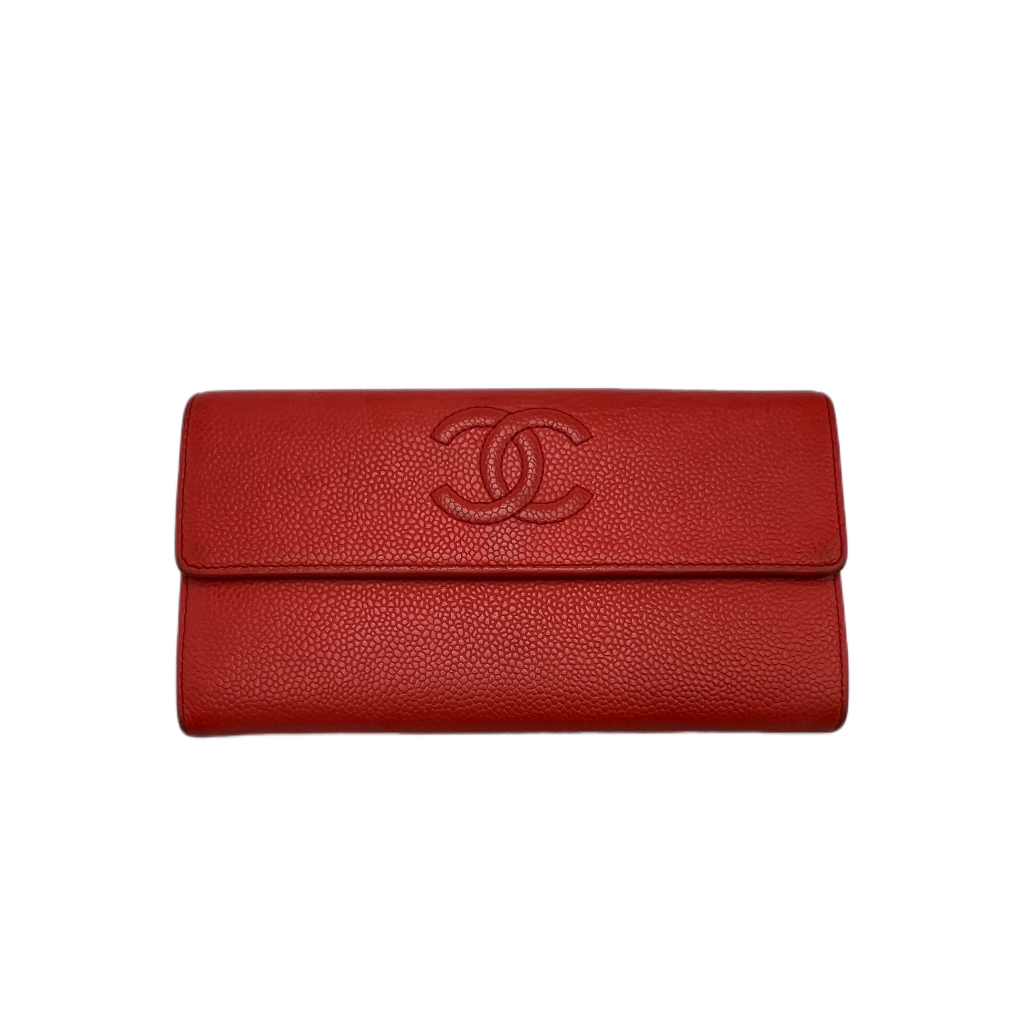 authentic chanel red leather long wallet in good condition for sale  